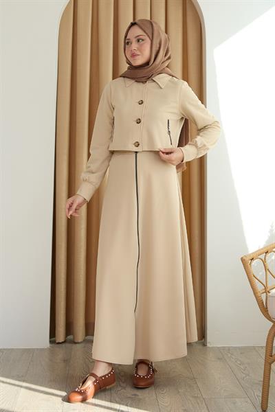 Fermuar Cepli Bolerolu Etekli Bej Takım