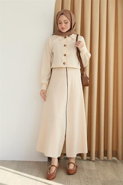 Fermuar Cepli Bolerolu Etekli Krem Takım