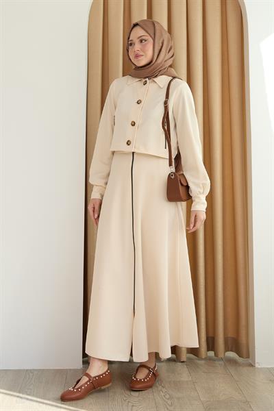 Fermuar Cepli Bolerolu Etekli Krem Takım