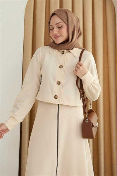 Fermuar Cepli Bolerolu Etekli Krem Takım