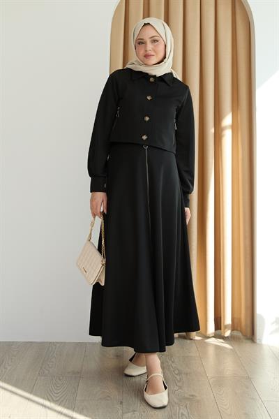 Fermuar Cepli Bolerolu Etekli Siyah Takım