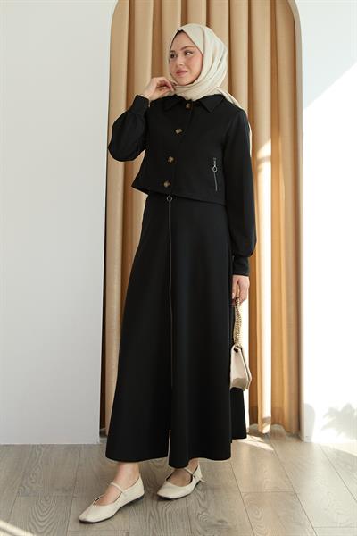 Fermuar Cepli Bolerolu Etekli Siyah Takım
