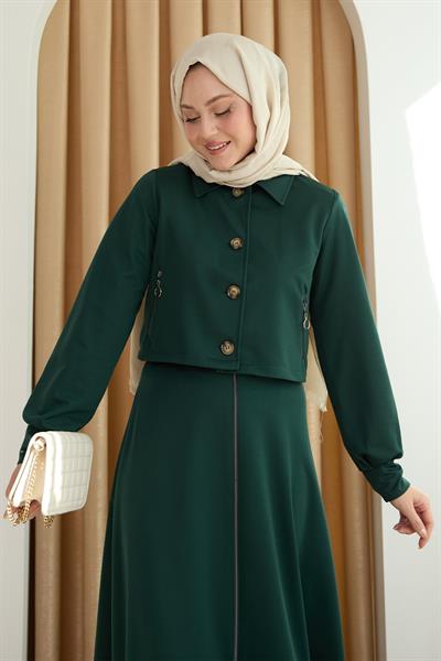 Fermuar Cepli Bolerolu Etekli Zümrüt Yeşili Takım