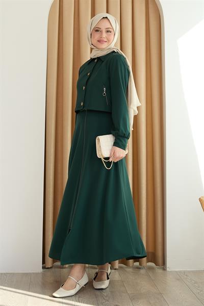 Fermuar Cepli Bolerolu Etekli Zümrüt Yeşili Takım