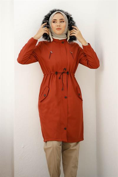 Fermuar Detay Kürklü Kaban - Bordo