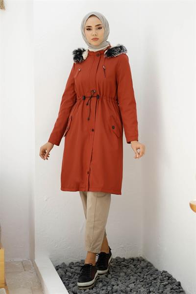 Fermuar Detay Kürklü Kaban - Bordo