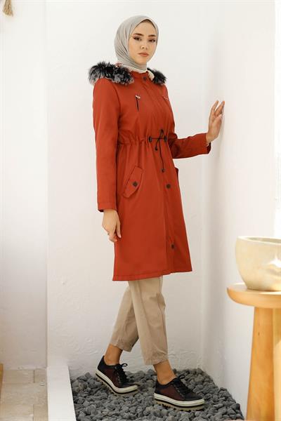 Fermuar Detay Kürklü Kaban - Bordo