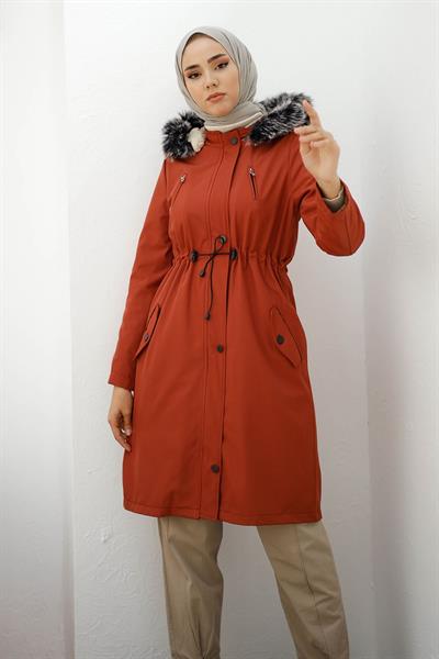 Fermuar Detay Kürklü Kaban - Bordo