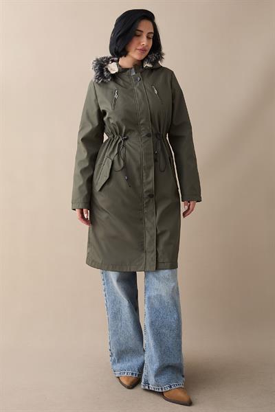 Fermuar Detay Kürklü Kaban - Haki