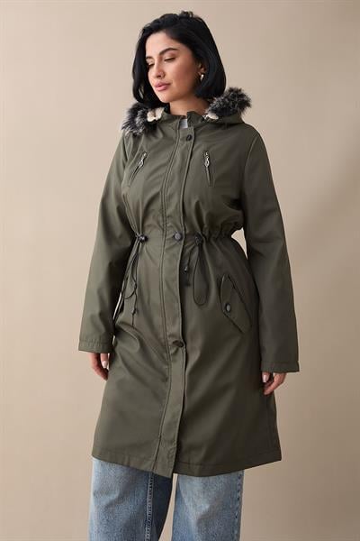 Fermuar Detay Kürklü Kaban - Haki