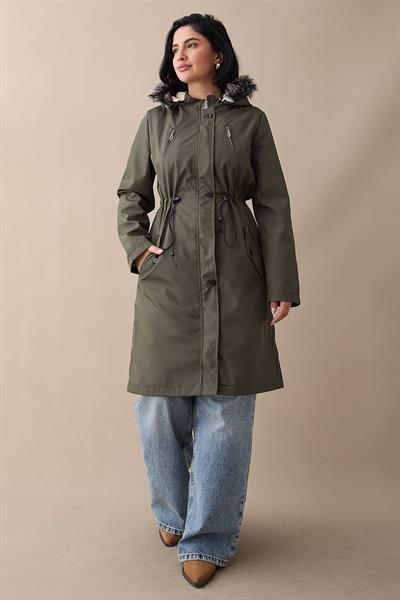 Fermuar Detay Kürklü Kaban - Haki