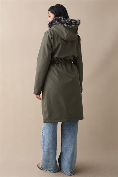 Fermuar Detay Kürklü Kaban - Haki