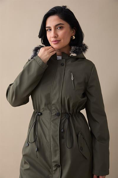 Fermuar Detay Kürklü Kaban - Haki