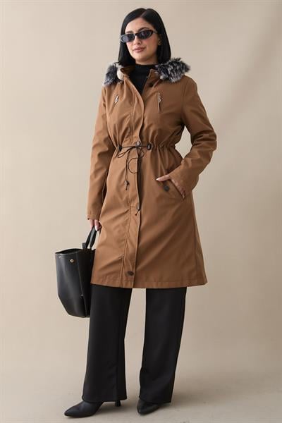 Fermuar Detay Kürklü Kaban - Kahverengi