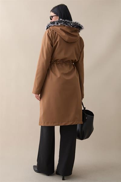 Fermuar Detay Kürklü Kaban - Kahverengi