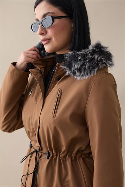 Fermuar Detay Kürklü Kaban - Kahverengi