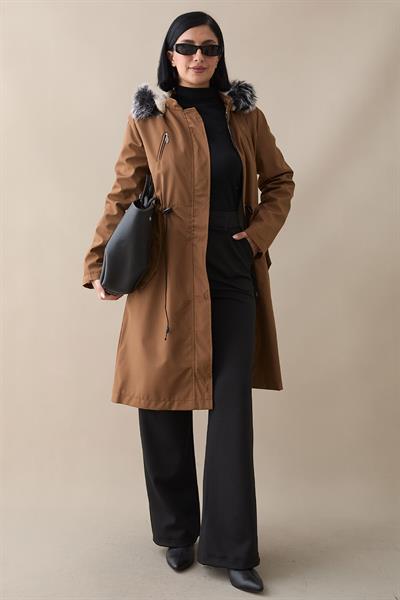 Fermuar Detay Kürklü Kaban - Kahverengi