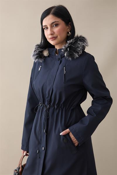 Fermuar Detay Kürklü Kaban - Lacivert