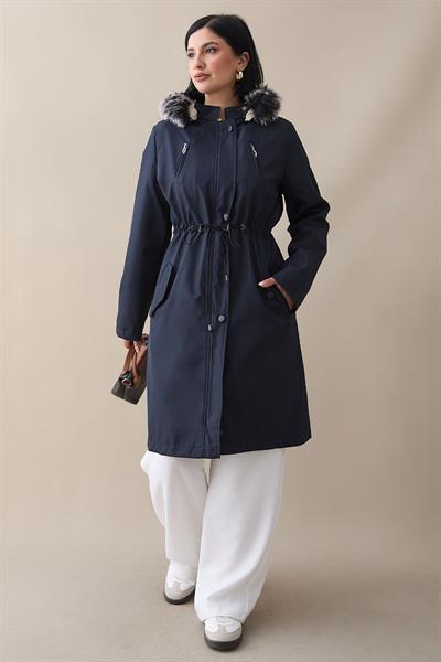 Fermuar Detay Kürklü Kaban - Lacivert