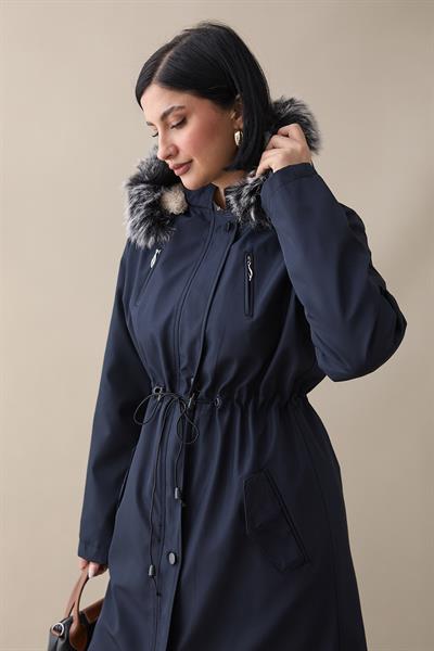 Fermuar Detay Kürklü Kaban - Lacivert