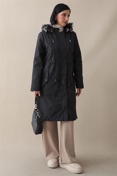 Fermuar Detay Kürklü Kaban - Siyah