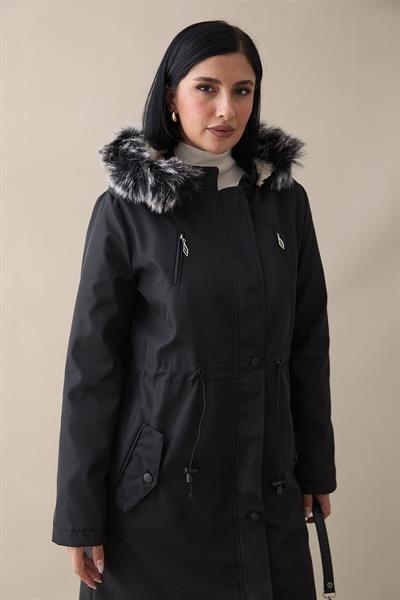Fermuar Detay Kürklü Kaban - Siyah