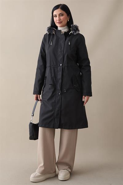 Fermuar Detay Kürklü Kaban - Siyah