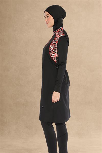 Fermuarlı 4 Parçalı Siyah Tesettür Mayo 6041A