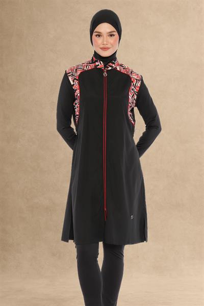 Fermuarlı 4 Parçalı Siyah Tesettür Mayo 6041A