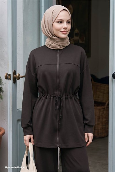 Fermuarlı Beli Büzgülü Acı Kahve Modal Takım