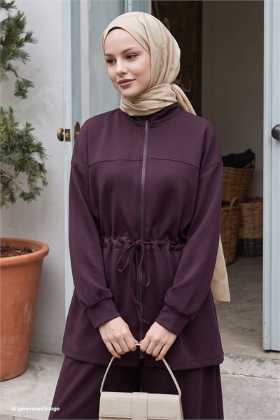 Fermuarlı Beli Büzgülü Mürdüm Modal Takım