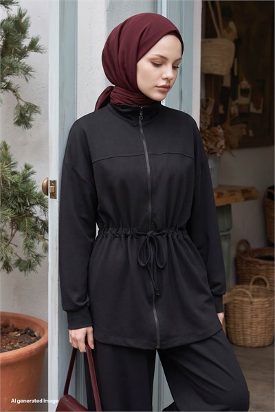 Fermuarlı Beli Büzgülü Siyah Modal Takım