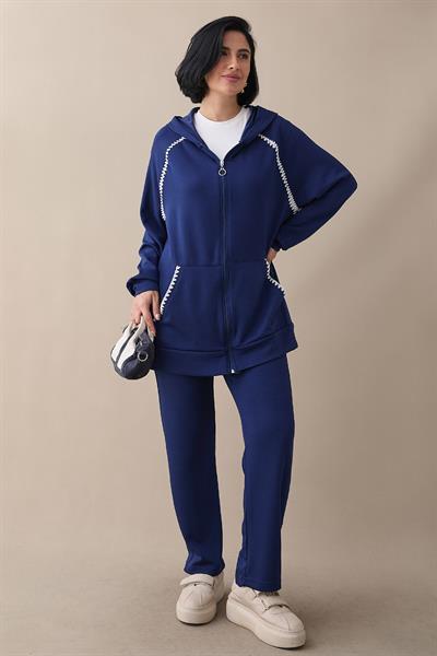 Zippered Shepherd Stitch Navy Blue Two-Piece Set