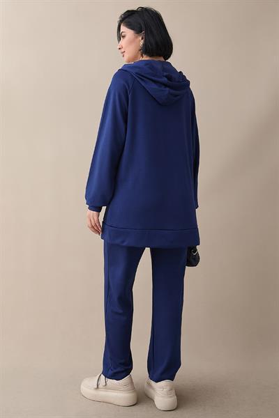 Zippered Shepherd Stitch Navy Blue Two-Piece Set