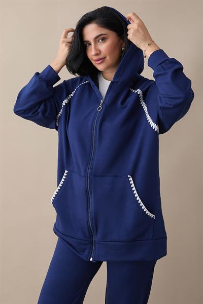 Zippered Shepherd Stitch Navy Blue Two-Piece Set
