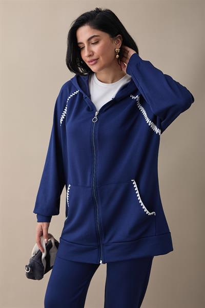 Zippered Shepherd Stitch Navy Blue Two-Piece Set