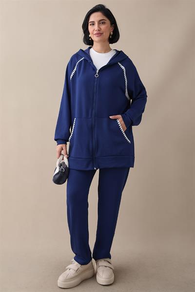 Zippered Shepherd Stitch Navy Blue Two-Piece Set