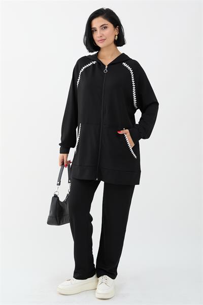 Zippered Shepherd Stitch Black Two-Piece Set
