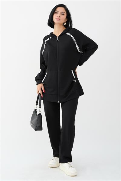 Zippered Shepherd Stitch Black Two-Piece Set
