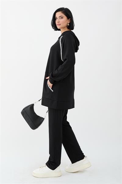 Zippered Shepherd Stitch Black Two-Piece Set