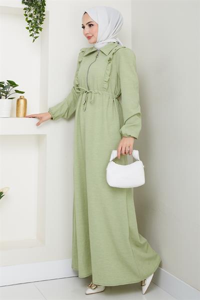 Fermuarlı Fırfır Detaylı Mint Yeşili Elbise