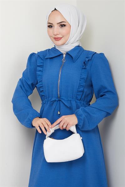 Fermuarlı Fırfır Detaylı Saks Mavisi Elbise