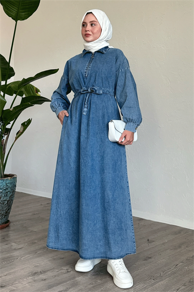 Fermuarlı Kemerli Kot Mavi Bol Elbise
