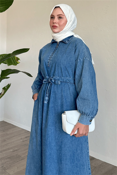 Fermuarlı Kemerli Kot Mavi Bol Elbise
