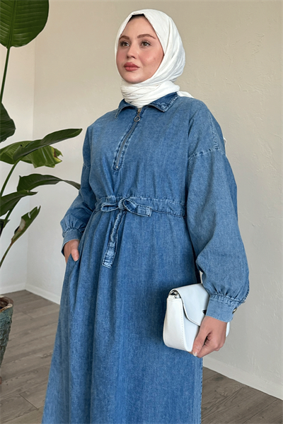 Fermuarlı Kemerli Kot Mavi Bol Elbise