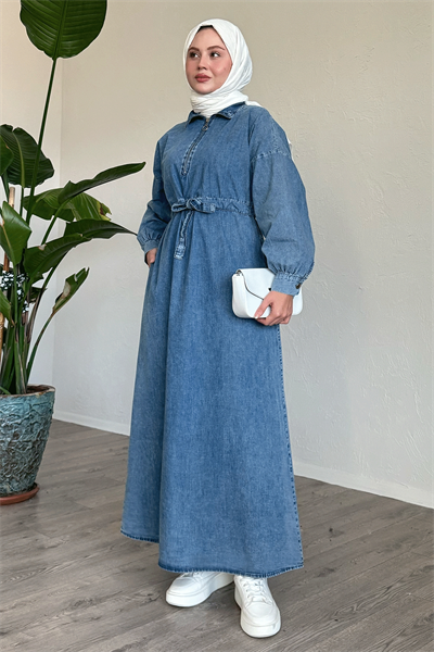 Fermuarlı Kemerli Kot Mavi Bol Elbise