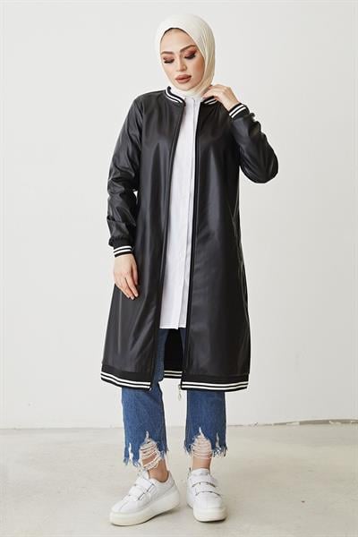 Fermuarlı Kolej Deri Siyah Kap