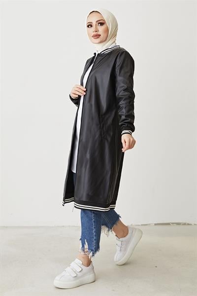 Fermuarlı Kolej Deri Siyah Kap