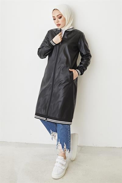 Fermuarlı Kolej Deri Siyah Kap