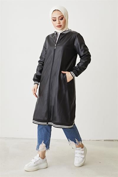 Fermuarlı Kolej Deri Siyah Kap